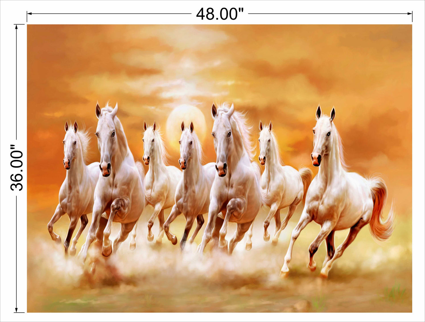 7 horses running on soil sunrise orange background